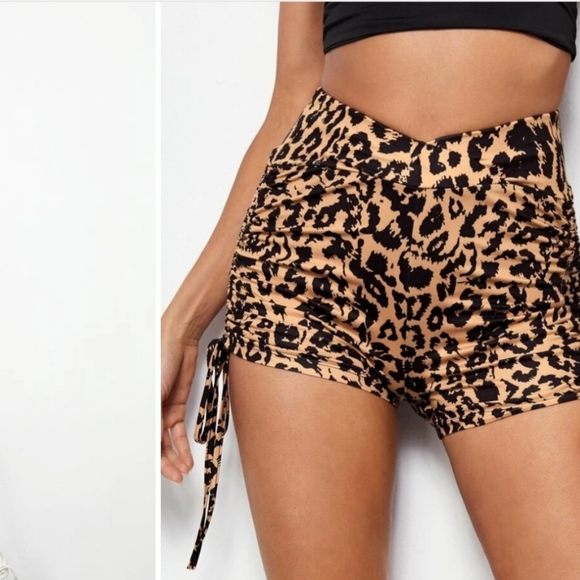 SHEIN Leopard Surplice Ruched Drawstring Shorts - Picture 3 of 6